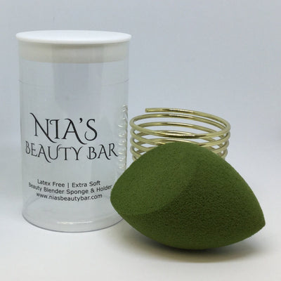 Olive Green - Olivia Cut -Beautyblender Sponge with Holder and Travel Case - Hydrophilic Foam Sponge - Latex free - Extra soft for a streak free - even blend - Non-irritating, - Non-allergenic - Odorless - Long-lasting, - washable and reusable - Travel Pod - 3 in 1 - Olive Green - Green - Olivia Cut
