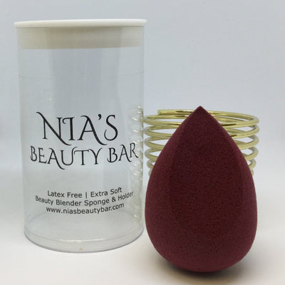 Red Wine - Slanted Teardrop Cut - Beautyblender Sponge with Holder and Travel Case - Hydrophilic Foam Sponge - Latex free - Extra soft for a streak free - even blend - Non-irritating, - Non-allergenic - Odorless - Long-lasting, - washable and reusable - Travel Pod - 3 in 1 - Wine Red - Burgundy - Maroon -  Teardrop Cut