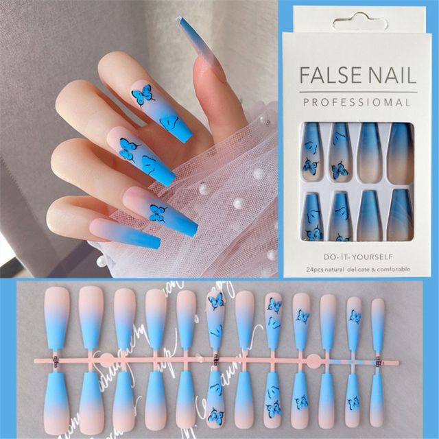 Matte Fake Full Coffin Nail Tips with Rhinestone Design - Nia's